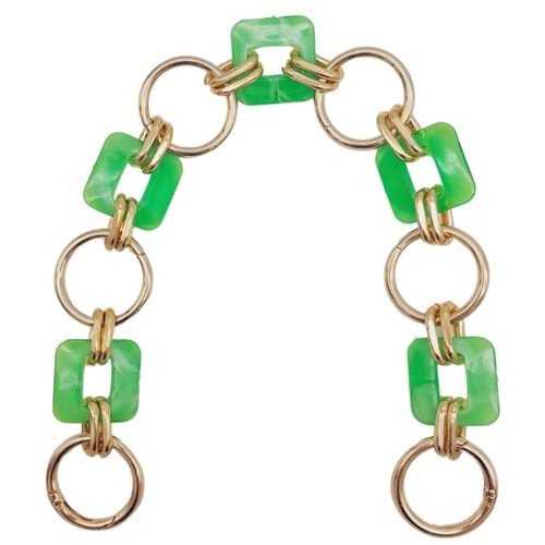 Çanta Aksesuar 38 cm Kare Akrilik Yaylı Halkalı Çanta Zinciri Açık Yeşil Renk Light Gold Metalli