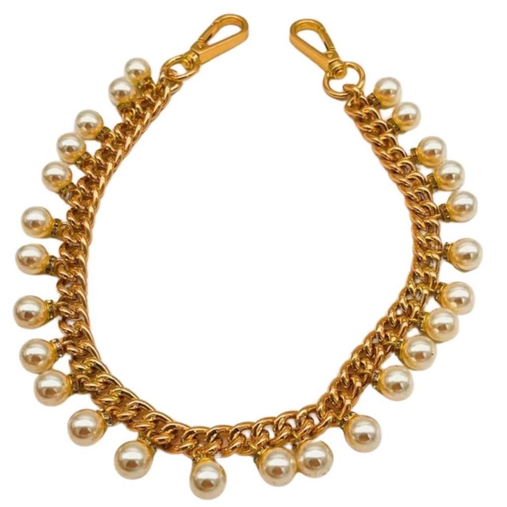 Çanta Aksesuar 50 cm İnci Sallantılı Çanta Sapı Light Gold Metalli